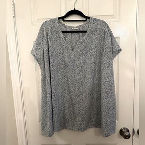 Blue and White Cap Sleeve Blouse with Slight Fray Detail, 3X